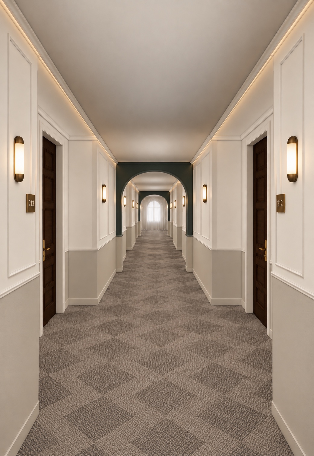 Renovations in Québec Renovated hotel corridor with finished wall panels and lighting