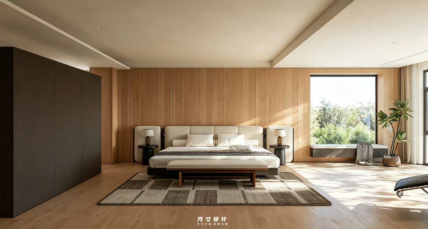 Warm wood bedroom visualization with large windows