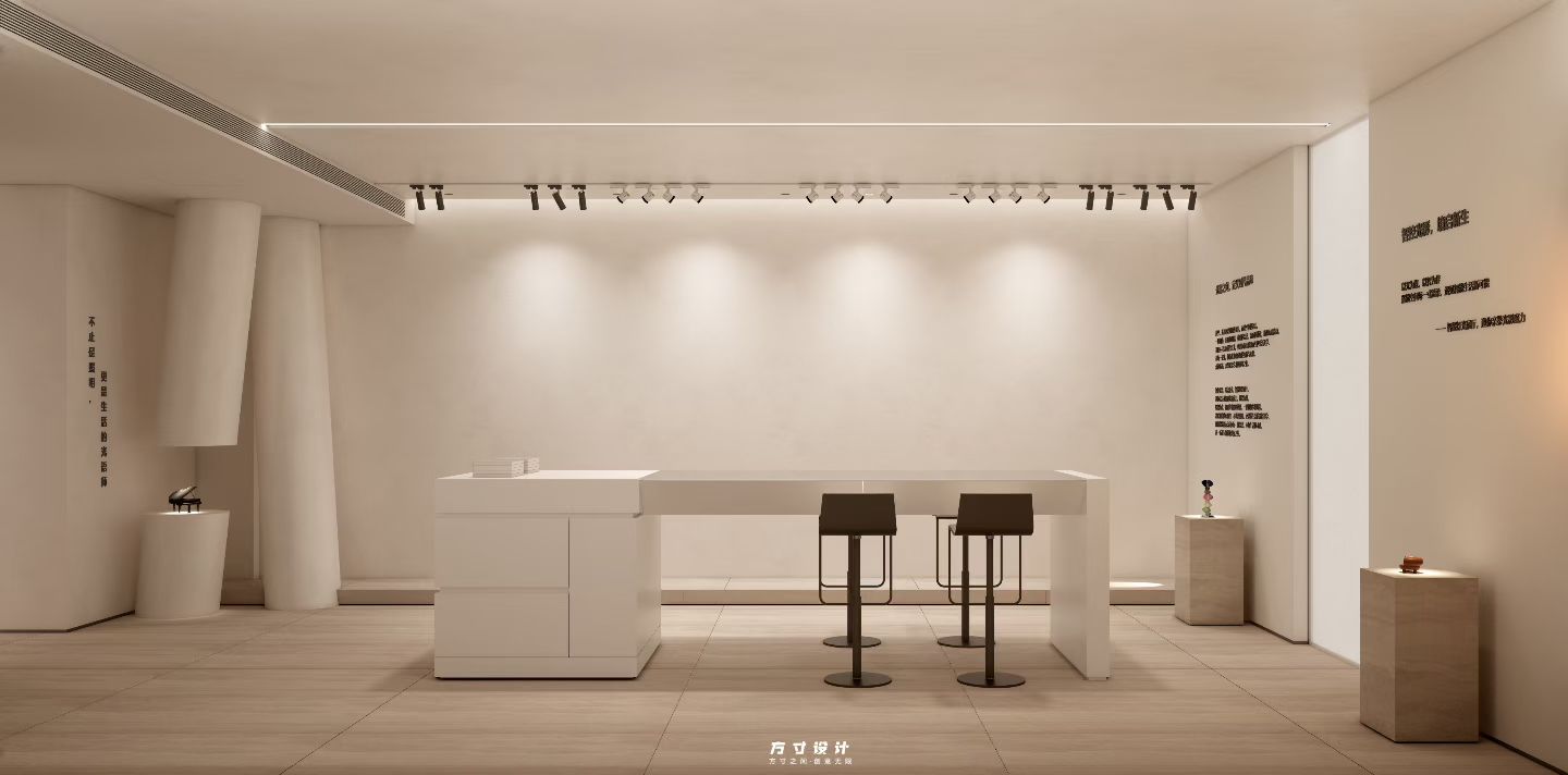 Minimalist reception visualization with white counter and warm lighting